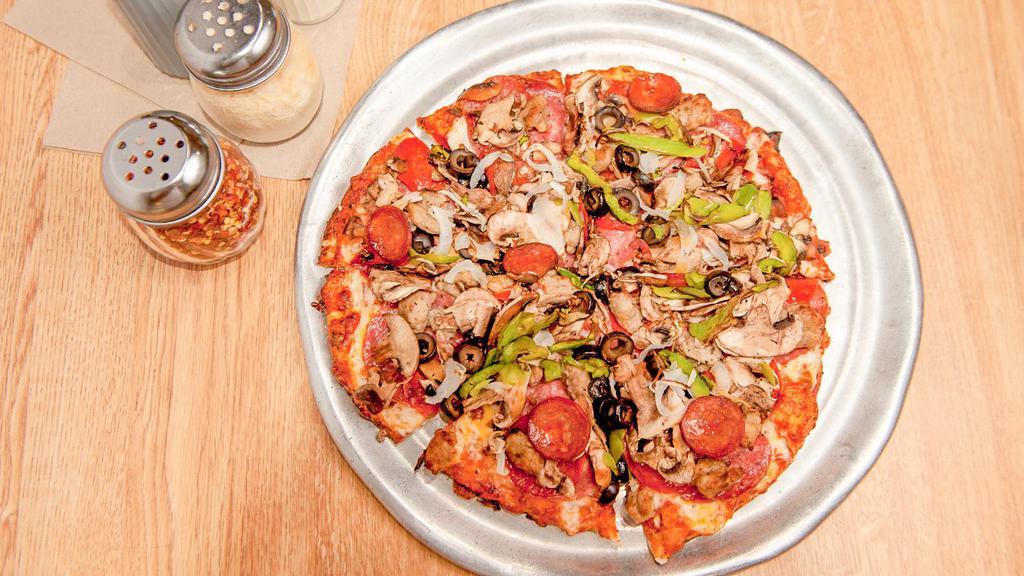 King Arthur'S Supreme Pizza · Pepperoni, Italian sausage, salami, linguica, mushrooms, green peppers, yellow onions, black olives on zesty red sauce.