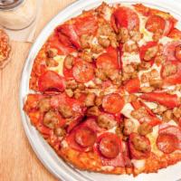 Montague'S All Meat Marvel Pizza · Italian sausage, pepperoni, salami, liguica on zesty red sauce.