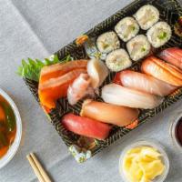 Toku Betsu Sushi Combo · 6 pcs sashimi (3 different kinds), 6pcs chef choice nigiri & 1 hosomaki.