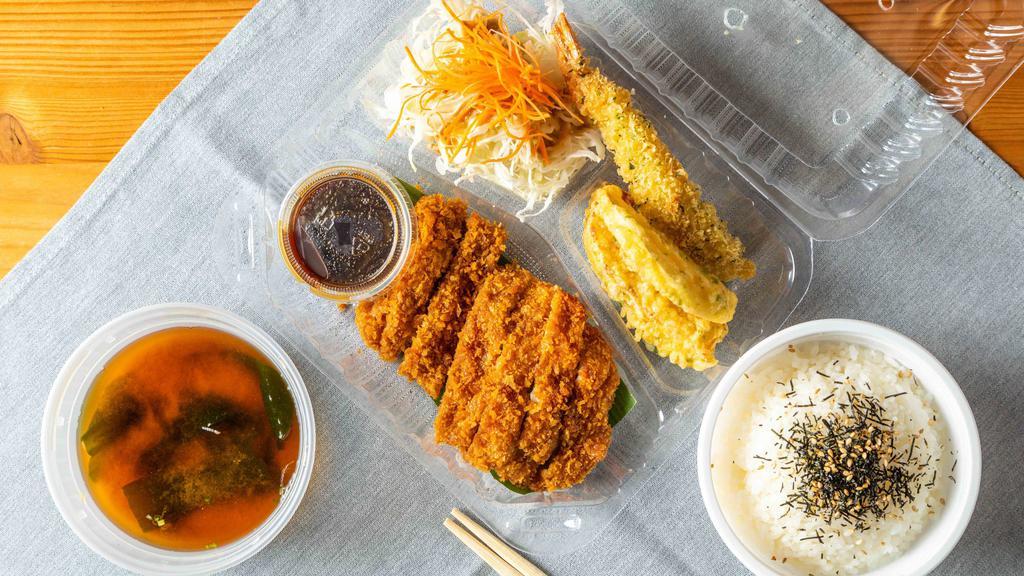 tori katsu · Deep-fried chicken katsu & assorted tempura, house salad, rice, soup.