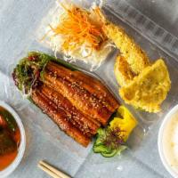 Unagi kabayaki · Grilled eel & house made tamago, assorted tempura, house salad, rice.