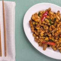Kung Pao Chicken · Hot and spicy. Chicken, zucchini, water chestnuts, celery, peanuts.