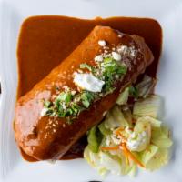Burrito Mojado Gourmet · Burrito Drenched in mole sauce or green sauce and melted cheese with your choice of meat ( c...
