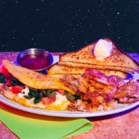 Greek Omelette · Three egg omelette with spinach, feta, tomato, and melted cheddar, buttered toast, your choi...