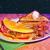 Western Omelette · Three egg omelette with melted cheddar, ham, onion, and bell peppers, buttered toast, your c...