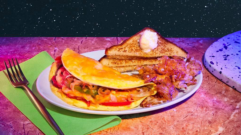 Western Omelette · Three egg omelette with melted cheddar, ham, onion, and bell peppers, buttered toast, your choice of breakfast potatoes.
