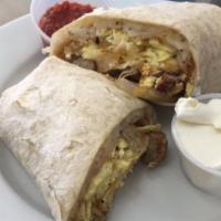 Breakfast Burrito · with bacon, sausage, or ham, hash browns, grilled veggies, cheese, salsa, and egg.