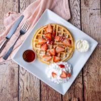 Belgian Waffle (1) · Fresh strawberries, powdered sugar and whipped cream.