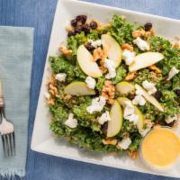 Kale, Apple Quinoa Salad · Quinoa, kale apple, walnuts, cranberries, goat cheese, lemon, oil, honey mustard dressing.