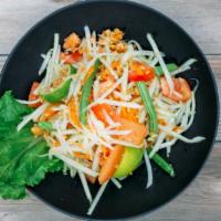 19. Som Tum (Papaya Salad) · Shredded green papaya, carrot, tomato, and ground peanut in lime juice sauce.