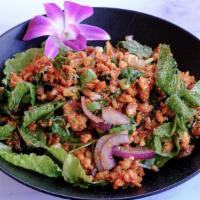 10. Larb  · Minced Chicken, Pork or Beef seasoned with lime juice, mint leaves.