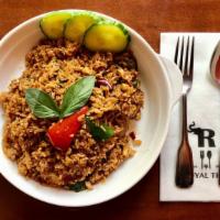 95 Spicy Basil Fried Rice · Spicy Thai fried rice , bell pepper, jalapeño and chile & basil