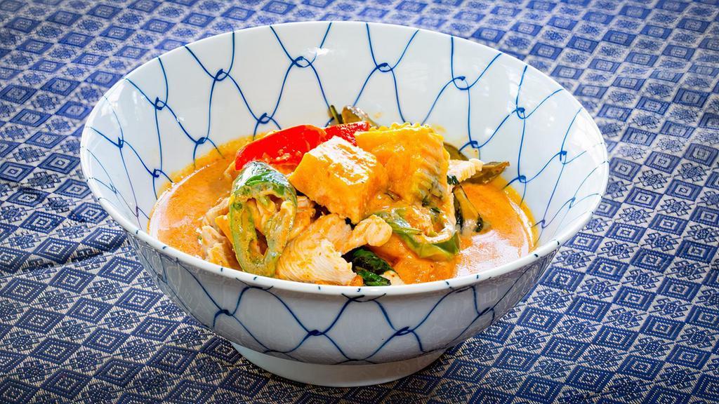 Pumpkin Curry · Red Curry in coconut milk with pumpkin, basil, bell pepper and jalapeño.