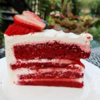 Red Velvet · Fluffy red velvet cake made with homemade cream cheese frosting.