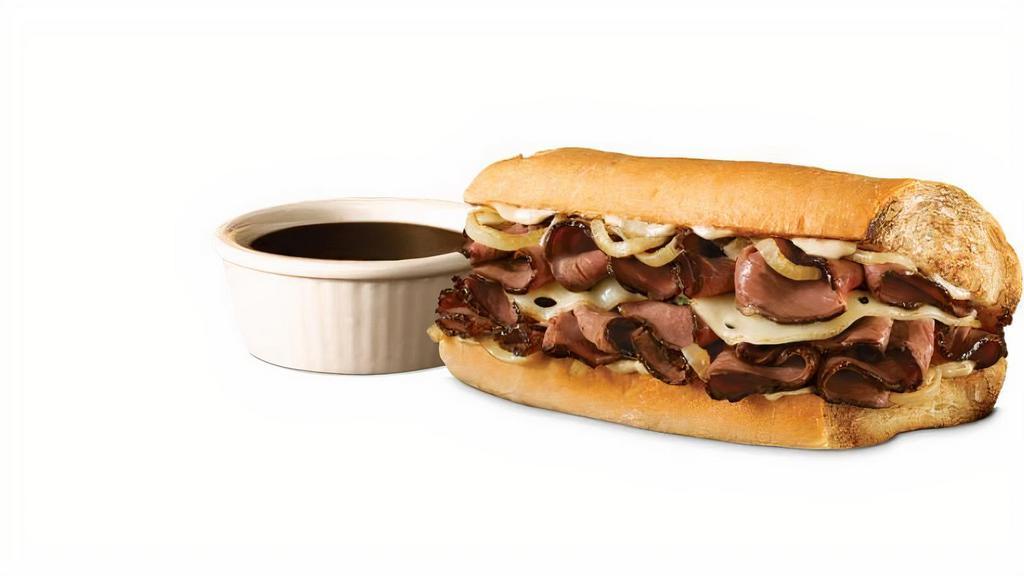 French Dip · Black angus steak, Swiss, sautéed onions, creamy horseradish, side of au jus.