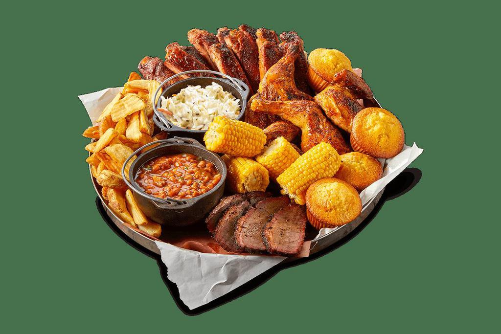 All-American Bbq Feast® · Served family-style for 4-6 people. A full slab of St. Louis-Style Spareribs, a whole Country-Roasted Chicken, 1/2 lb. of either Texas Beef Brisket or Georgia Chopped Pork, Creamy Coleslaw, Famous Fries, Wilbur Beans, Sweet Corn and Corn Bread Muffins.