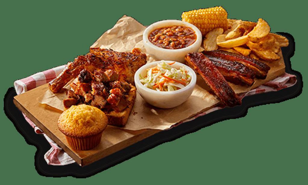 Feast For One · Georgia Chopped Pork, BBQ or Country-Roasted ¼ Chicken, 3 St. Louis-Style Spareribs, Sweet Corn, Wilbur Beans, Creamy Coleslaw, Famous Fries and a Corn Bread Muffin.