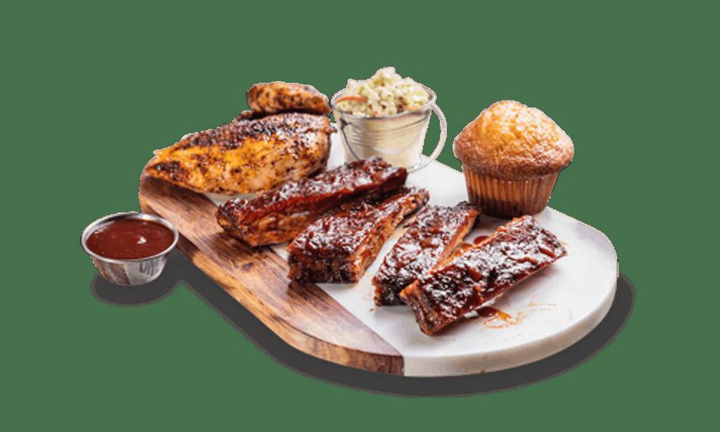 Louis Rib-N-Meat · 4 bones of St. Louis-Style Spareribs and choice of 1 meat selection. . Served with choice of 2 sides and a Corn Bread Muffin.