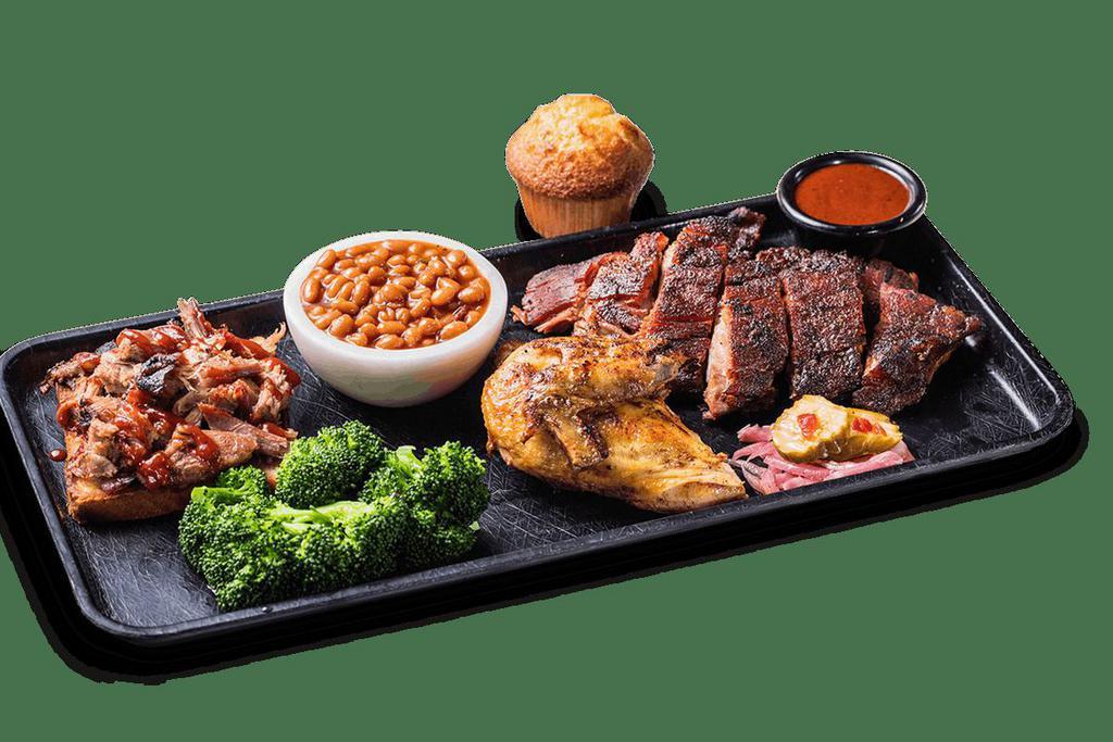 3 Meat Combo · Sample three of our award-winning meats.  . Served with your choice of two sides and a Corn Bread Muffin..