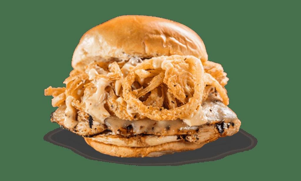 Cajun Chicken Sandwich · Grilled, Cajun-seasoned chicken breast topped with pepper-Jack cheese, fried Onion Strings, and rémoulade sauce. . Served with choice of 1 side and spicy Hell-Fire Pickles.