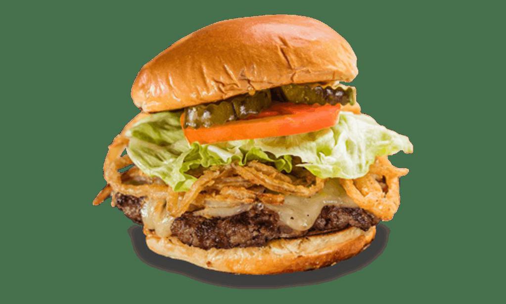 Jacked-N-Stacked Burger* · Topped with Monterey Jack cheese and stacked with crispy Onion Strings. . Served with choice of 1 side and spicy Hell-Fire Pickles.