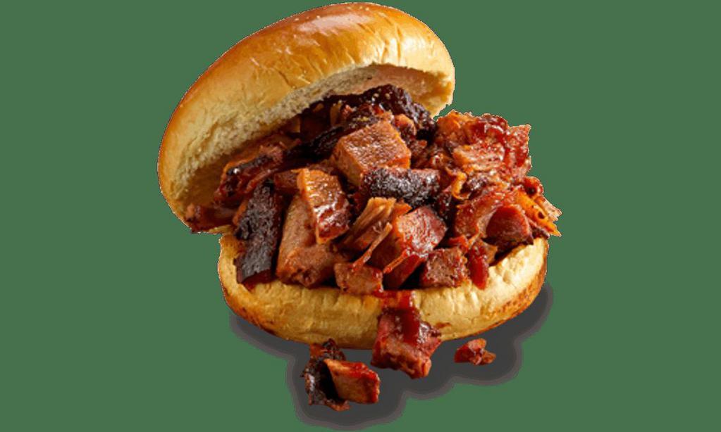 Kids' Georgia Chopped Pork Sandwich · Awared-winning, slow-smoked chopped pork topped with Rich & Sassy® on a toased bun.  Served with bread & butter pickle chips.. Includes choice of one side.