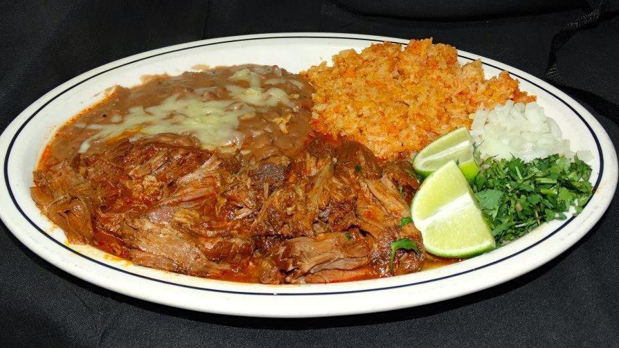 Platillo con Arroz y Frijol · Beef Stew combo plate with rice and beans.