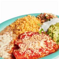Enchilada Plate · Served with green or red sauce and choice of meat. Includes rice, beans, lettuce, guacamole,...
