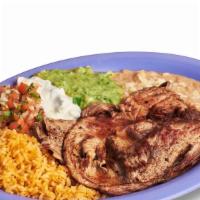 Carne Asada Plate · Grilled steak. Includes rice, beans, lettuce, guacamole, salsa, sour cream, cheese, and tort...