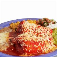 Chile Relleno Plate · Two chile rellenos. Includes rice, beans, lettuce, guacamole, salsa, sour cream, cheese, and...