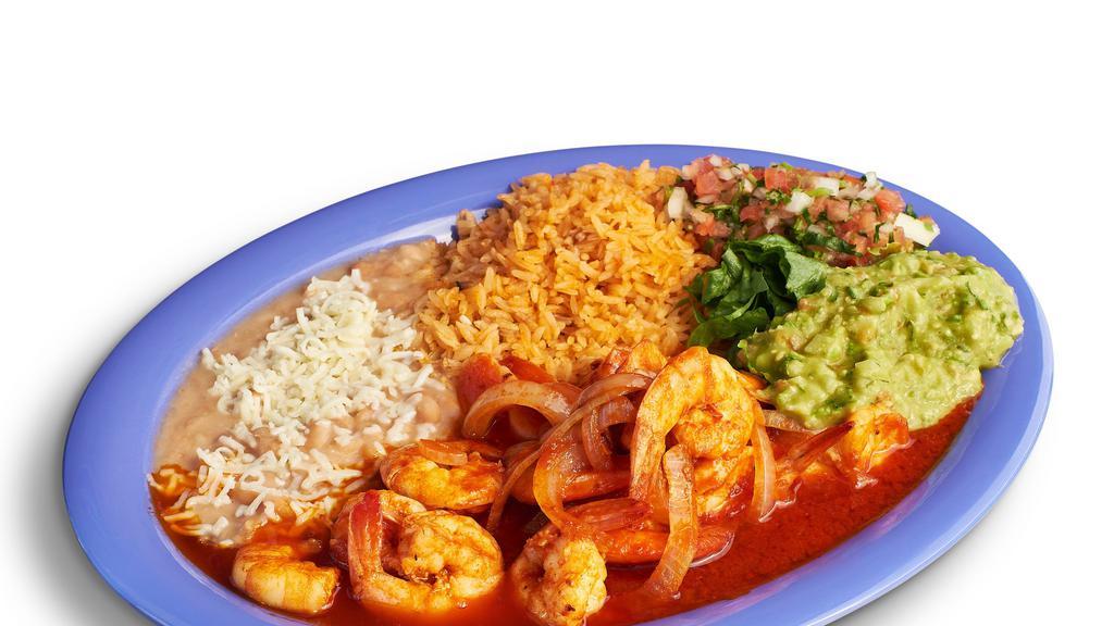 Camarones A La Diabla Plate · Served with green or red sauce and choice of meat. Includes rice, beans, lettuce, guacamole, salsa, sour cream, cheese, and tortillas.