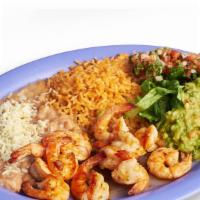 Camarones Al Mojo De Ajo Plate · Garlic shrimp. Served with rice, beans, guacamole, lettuce, salsa, and tortillas.