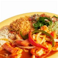 Camarones Racheros Plate · Shrimp grilled with green & red bell pepper, onions, and tomato. Served with rice, beans, gu...