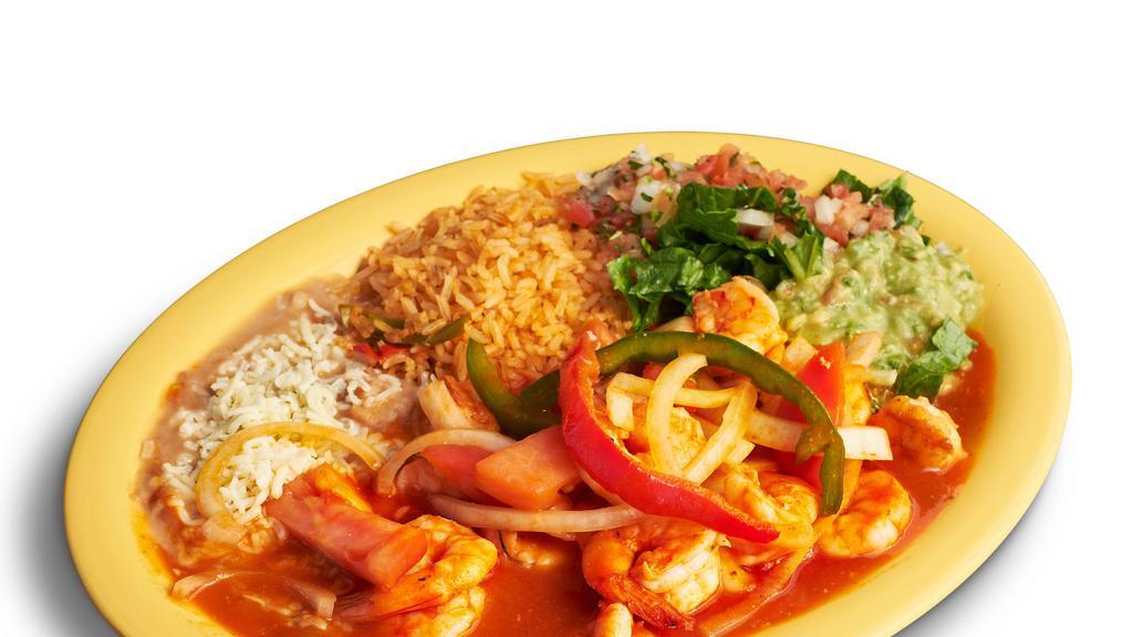 Camarones Racheros Plate · Shrimp grilled with green & red bell pepper, onions, and tomato. Served with rice, beans, guacamole, lettuce, salsa, and tortillas.