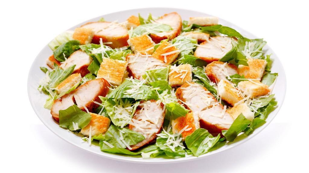 Chicken Caesar Salad · Caesar salad topped with grilled white meat chicken, romaine lettuce, croutons, and parmesan cheese.