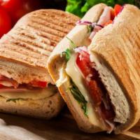 Grilled Chicken Panini · Hot off the panini press! Comes with grilled chicken breast, chopped lettuce, onions, tomato...