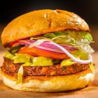 Black Bean Veggie Burger · Pepperoncinis & chipotle sauce.. Made with lettuce, tomato, onion, & pickles.