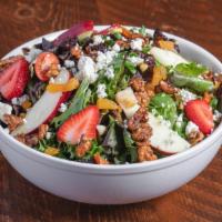 Spring Mix Fruit & Nut Salad · Spring mix greens, fruit, sweet walnuts, bleu cheese crumbles, & honey lime dressing.