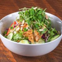 Asian Chicken Salad · Crisp greens, cabbages, edamame, red peppers, cucumber, cilantro, toasted almonds, pea sprou...