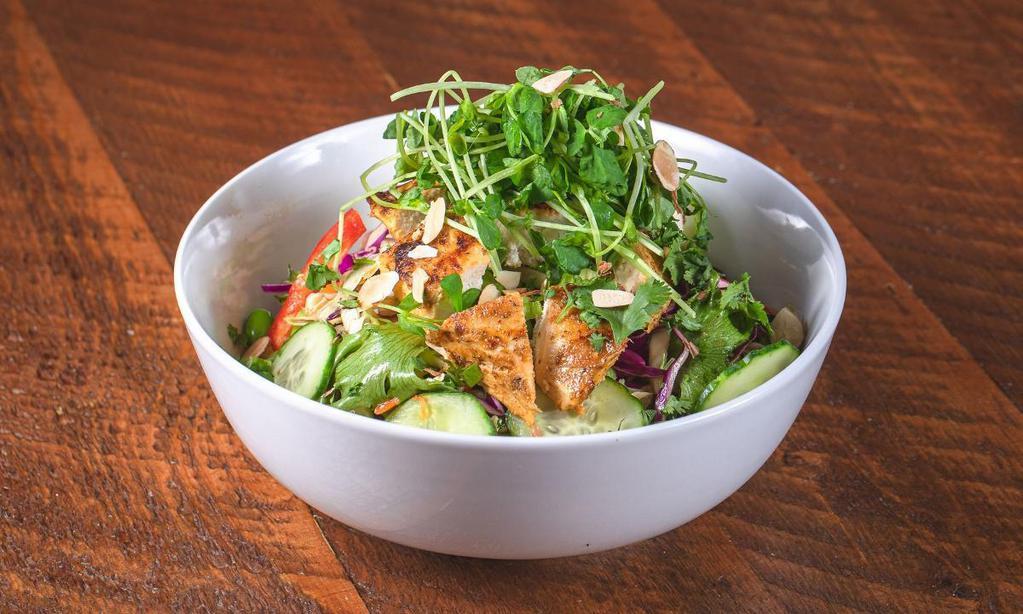 Asian Chicken Salad · Crisp greens, cabbages, edamame, red peppers, cucumber, cilantro, toasted almonds, pea sprouts, crispy tortilla strips & sesame dressing. Topped with char-broiled chicken.