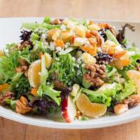 Spring Mix Fruit & Nut Salad · Spring mix greens, fruit, sweet walnuts, bleu cheese crumbles, & honey lime dressing.