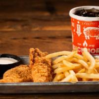 Kids Chicken Tenders · Two chicken strips.. Served with fries & a fountain drink.