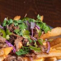 Pork Beer Cheese Fries · Pulled pork, beer cheese sauce, red onions, jalapeños, & cilantro.