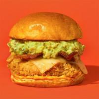 Holy Bacon Guacamole · Buttermilk fried chicken, cheddar cheese, bacon, chipotle remoulade, guacamole, served on a ...