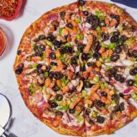 Garden Veggie Pizza · Tomatoes, mushrooms, red onions, green peppers and black olives on an organic tomato base.