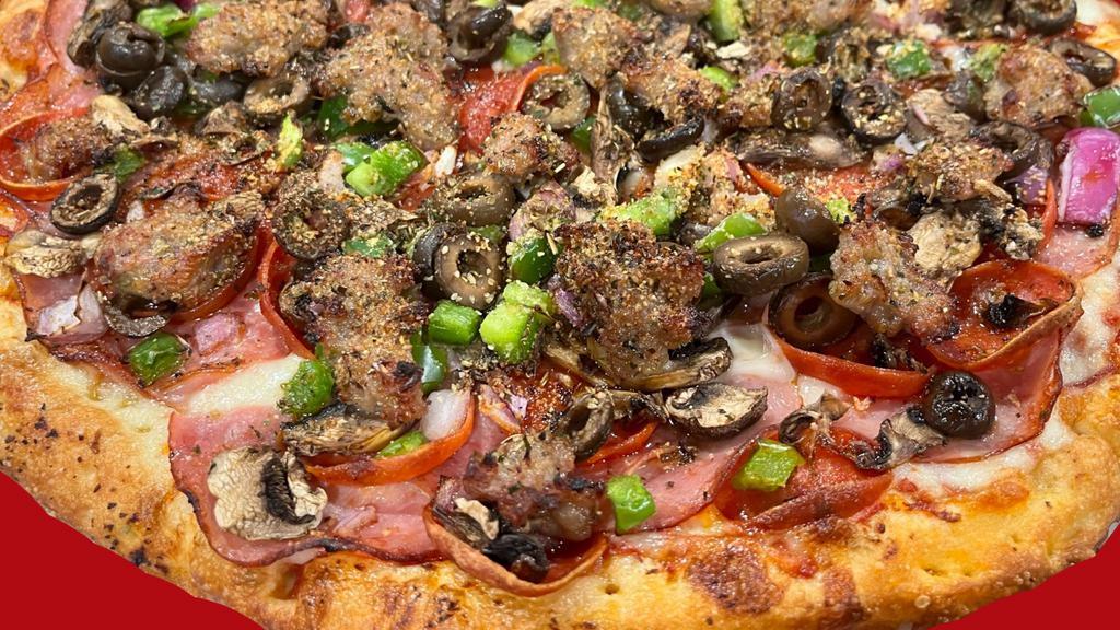 Combination Pizza · Organic tomato base, mozzarella cheese, ham, salami, pepperoni, mushrooms, onions, bell peppers, olives, sausage and seasoning.