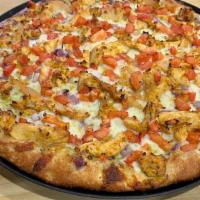 Garlic Chicken · Garlic mushrooms, red onions, garlic chicken breast, tomatoes, and Parmesan topped with gree...