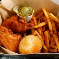 Chicken Box · 2 Pieces of Fried Chicken, Choice of 1 Small Side, a Mochi Muffin, and Pickles