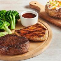 Sirloin* & Grilled Chicken · Our signature center-cut sirloin with 5 oz. Grilled Chicken on the Barbie. Served with two f...