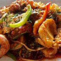 Bomb Bay · Combination of seafood with garlic &chili sauce, green bean, bell pepper, sweet basil leaves...